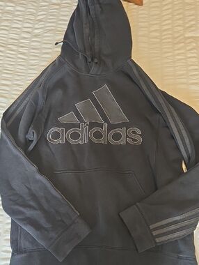 adidas Black Pullover Hoodie with Striped Sleeves